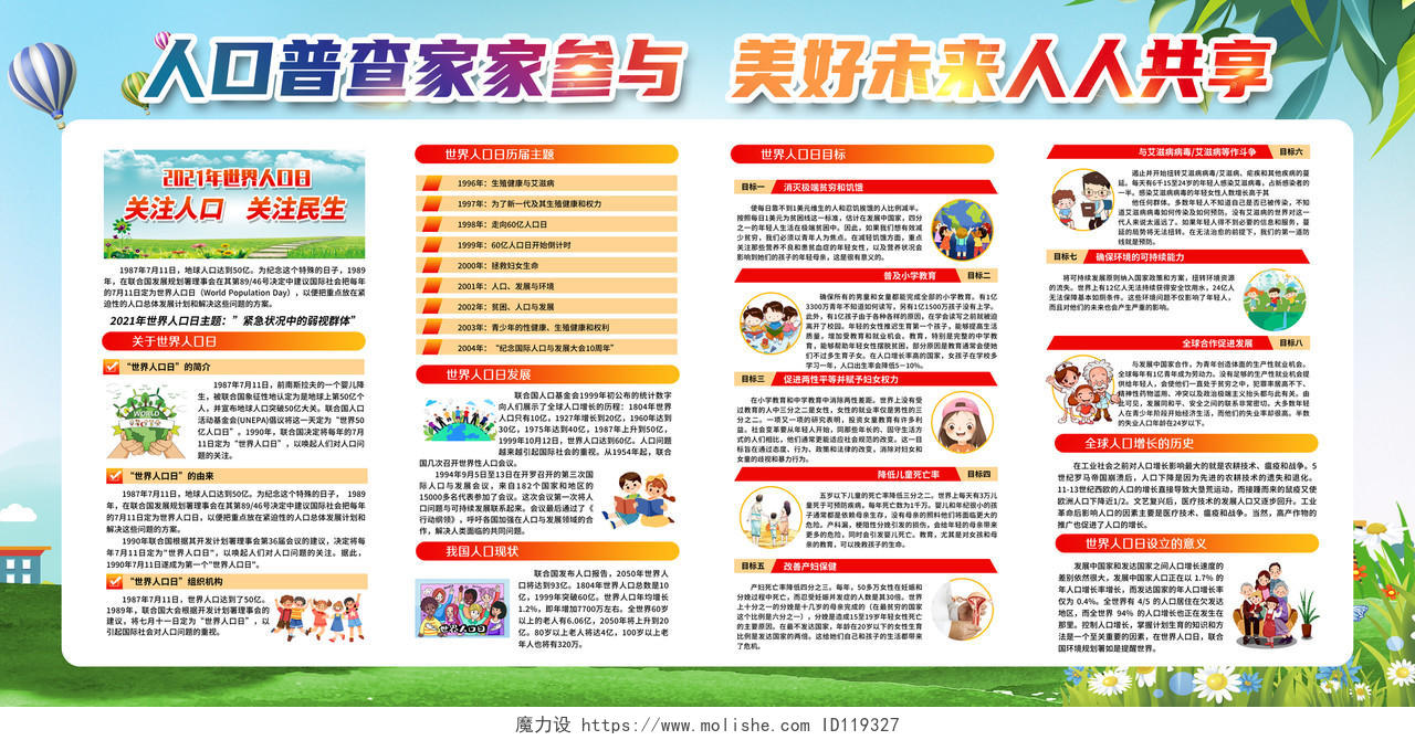 蓝色风格中国人口日世界人口日宣传栏